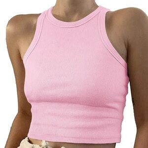Baby Pink Racerback Ribbed Knit Cropped Tank Top